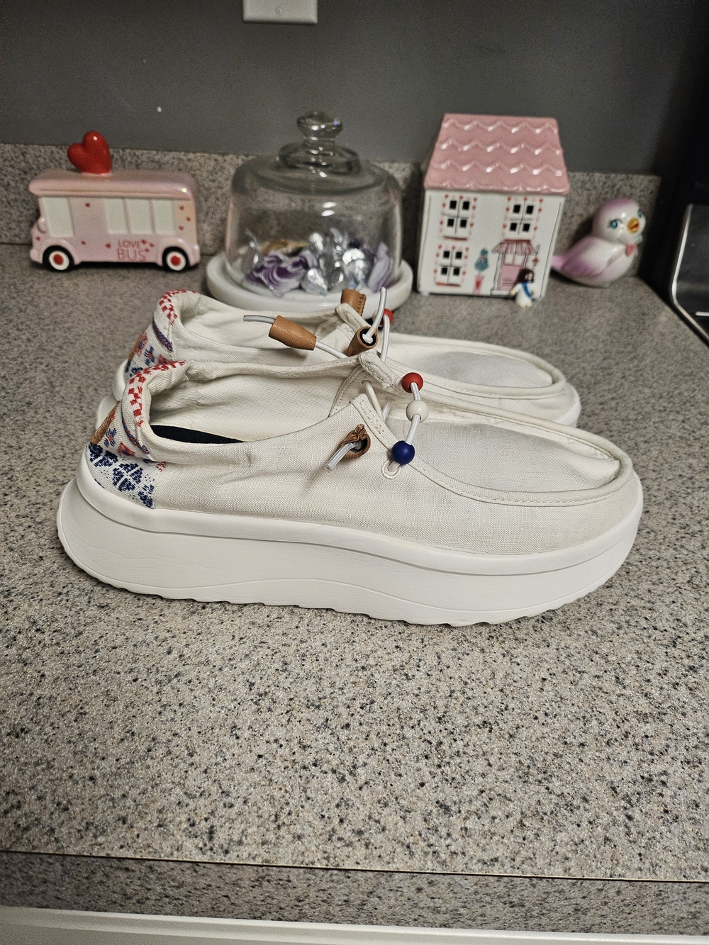 Hey Dude Women's Cream Canvas Slip-On Flats with Red & Blue Bead Accents - Picture 4 of 11